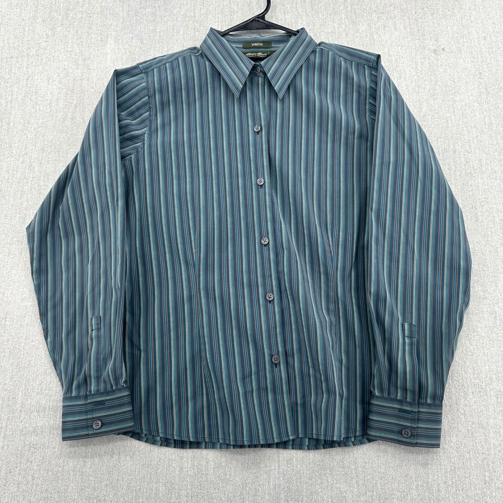 Eddie Bauer Button Up Kids Large Blue Striped Wrinkle Resistant Long Sleeve